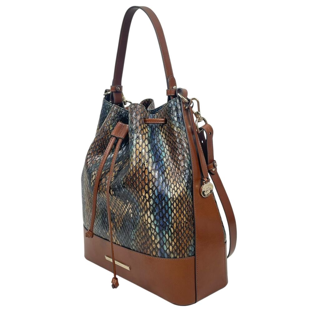 Brahmin Marlowe Embossed Leather Bucket Bag Bottle Blue Fletcher - Picture 6 of 13